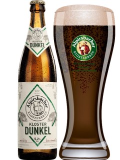deutsches Bier Alpirsbacher Kloster Dunkel in der 50 cl Bierflasche mit vollem Bierglas