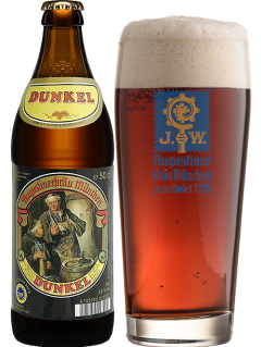 deutsches Bier Augustiner Dunkel in der 0,5 l Bierflasche mit vollem Bierglas