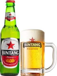indonesisches Bier Bintang Pilsener in der 0,33 l Bierflasche mit vollem Bierglas