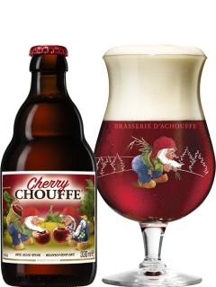belgisches Bier Cherry Chouffe in der 33 cl Bierflasche mit vollem Bierglas
