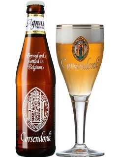 belgisches Bier Corsendonk Agnus Tripel in der 0,33 l Bierflasche mit vollem Bierglas