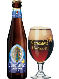 belgisches Bier Corsendonk Christmas Ale in der 0,33 l Bierflasche mit vollem Bierglas