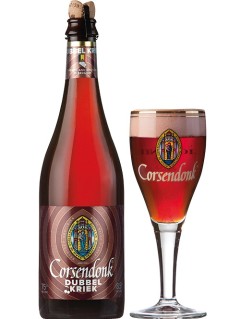 belgisches Bier Corsendonk Dubbel Kriek 0,75 l Bierflasche mit vollem Bierglas