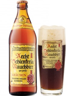 deutsches Bier Aecht Schenkerla Rauchbier Kräusen in der 0,5 l Bierflasche mit vollem Bierglas