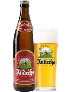 deutsches Bier Andechs Spezial Hell in der 0,5 l Bierflasche mit vollem Bierglas