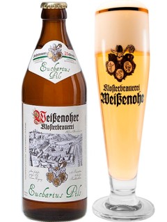 deutsches Bier Weißenoher Eucharius Pils in der 50 cl Bierflasche mit gefülltem Bierglas
