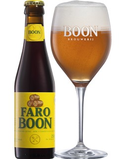 belgisches Bier Boon Faro in der 0,33 l Bierflasche mit vollem Bierglas