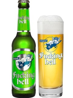deutsches Bier Fucking Hell in der 33 cl Bierflasche mit vollem Bierglas