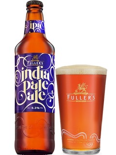 englisches Bier Fuller's India Pale Ale in der 0,5 l Bierflasche mit vollem Bierglas