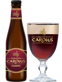 belgisches Bier Gouden Carolus Classic in der 0,33 l Bierflasche mit vollem Bierglas