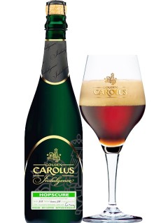 belgisches Bier Gouden Carolus Indulgence Hopscure in der 75 cl Bierflasche mit vollem Bierglas