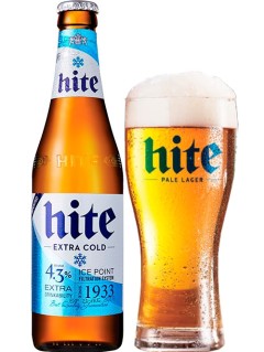 südkoreanisches Bier Hite Extra Cold in der 33 cl Bierflasche mit vollem Bierglas