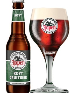 holländisches Bier Jopen Koyt Gruitbier in der 33 cl Bierflasche mit vollem Bierglas