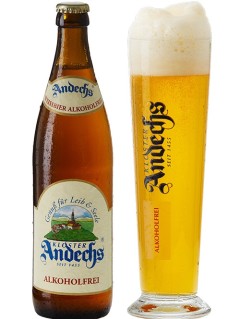 deutsches Bier Andechs Weissbier Alkoholfrei in der 0,5 l Bierflasche mit vollem Bierglas