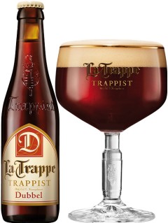 holländisches Bier La Trappe Dubbel in der 0,33 l Bierflasche mit vollem Bierglas