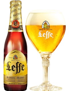 belgisches Bier Leffe Blond in der 0,33 l Bierflasche mit vollem Bierglas
