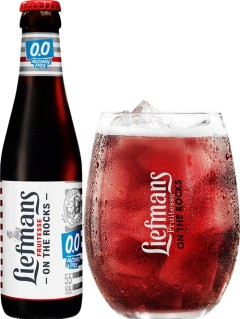 belgisches Bier Liefmans Fruitesse on the rocks 0.0 alkoholfrei in der 0,25 l Bierflasche mit vollem Bierglas