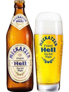 deutsches Bier Meckatzer Hell in der 50 cl Bierflasche mit gefülltem Bierglas