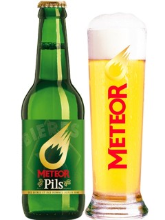 französisches Bier Meteor Pils in der 33 cl Bierflasche mit vollem Bierglas kaufen