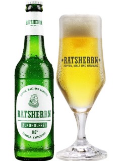 deutsches Bier Ratsherrn Alkoholfrei Pilsener in der 0,33 l Bierflasche mit vollem Bierglas