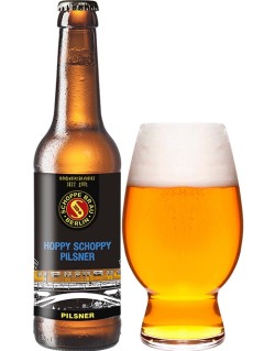 deutsches Bier Schoppe Bräu Hoppy Schoppy Pilsner in der 33 cl Bierflasche mit gefülltem Bierglas