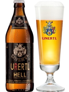 deutsches Bier Urertl Hell 0,5 l Bierflasche mit vollen Bierglas